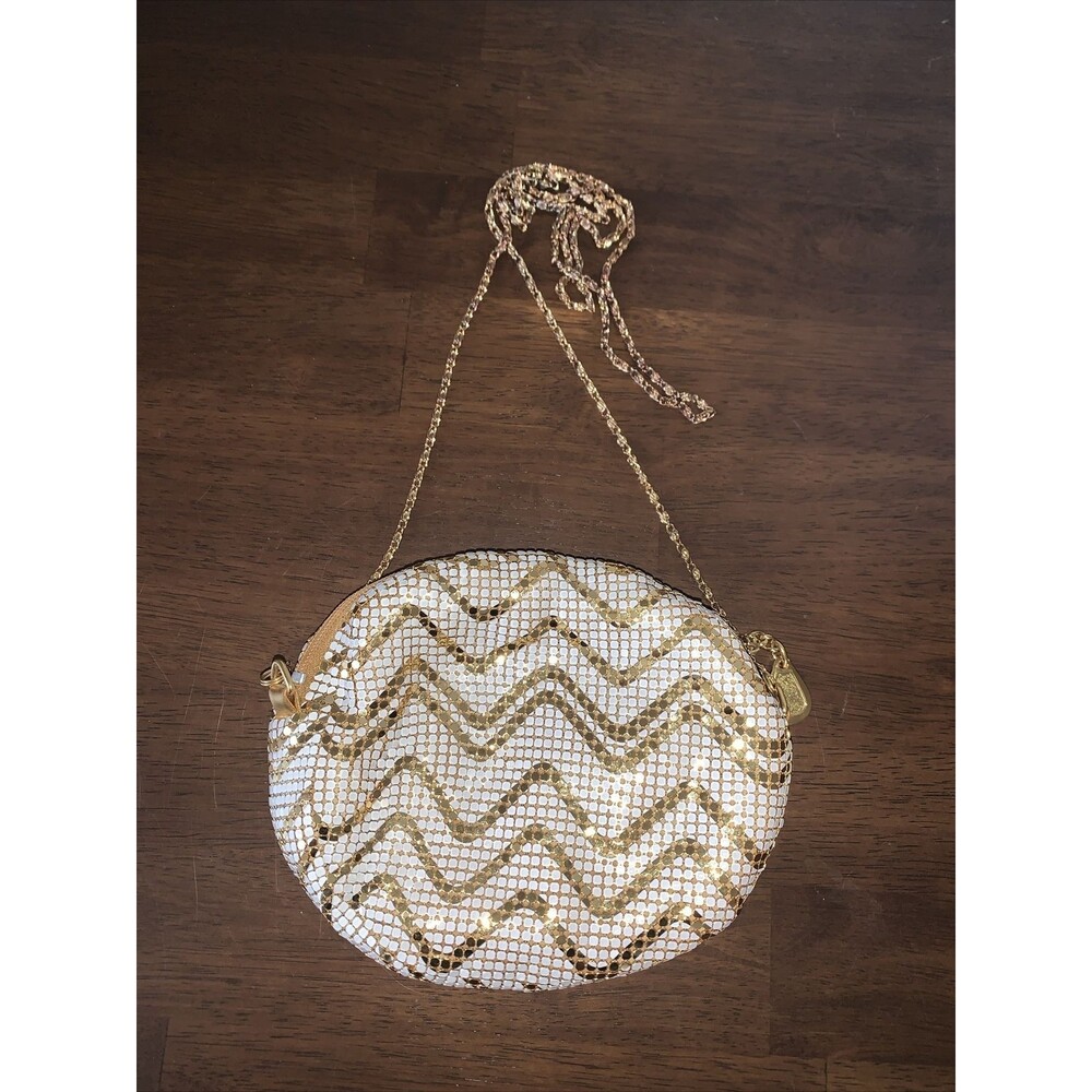 Vintage Duramesh Purse White W/ Gold Zigzag Design Satin Interior Hong Kong